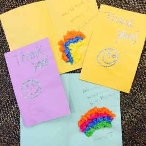 Colourful and sparkly thank you notes sent to Art-Reach for various arts partners.