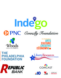 Sponsorship block logo reads: Indego Bikeshare, PNC, Connelly Foundation, Woods Services, Offices of ARts Culture and the Creative Economy, The Philadelphia Foundation, Liberty Resources, Republic Bank, and Comcast