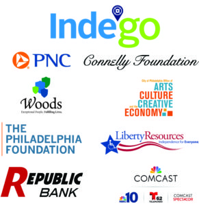 Sponsorship block logo reads: Indego Bikeshare, PNC, Connelly Foundation, Woods Services, Offices of ARts Culture and the Creative Economy, The Philadelphia Foundation, Liberty Resources, Republic Bank, and Comcast