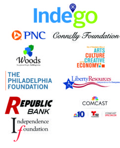 Sponsorship block logo reads: Indego Bikeshare, PNC, Connelly Foundation, Woods Services, Offices of ARts Culture and the Creative Economy, The Philadelphia Foundation, Liberty Resources, Republic Bank, comcast, and Independence Founcation