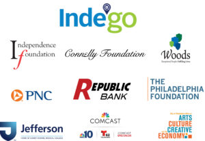 Sponsorship block logo reads: Indego Bikeshare, PNC, Connelly Foundation, Woods Services, Offices of ARts Culture and the Creative Economy, The Philadelphia Foundation, Liberty Resources, Republic Bank, comcast, Independence Foundation, and Jefferson