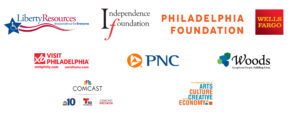 Sponsorship Logo Block Reads: Comcast, Liberty resources, The Philadelphia foundation, PNC bank and Visit Philadelphia, Woods Services, Wells Fargo