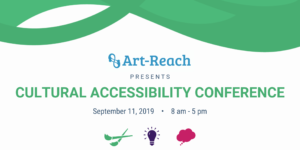 Accessibility Conference Logo: Reads Art-Reach Presents Cultural Accessibility Conference September 11th from 8-5 PM 3 logos: Green Paintbrush, Puruple Light Bulb , Pink Thought bubble