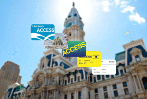 5 cards fan out overlay on blurred image of Philadelphia's City Hall. Top card: Art-Reach ACCESS Card, PA State ACCESS Card with PA Capitol & Cherry Blossoms, Blue Green ACCESS PA ACCESS Card, Yellow and white PA State ACCESS Card for Medical Benefits